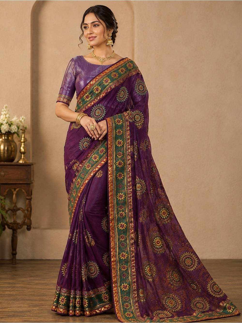 Elegant Purple Embroidered Saree with Green Border - Women Accessories